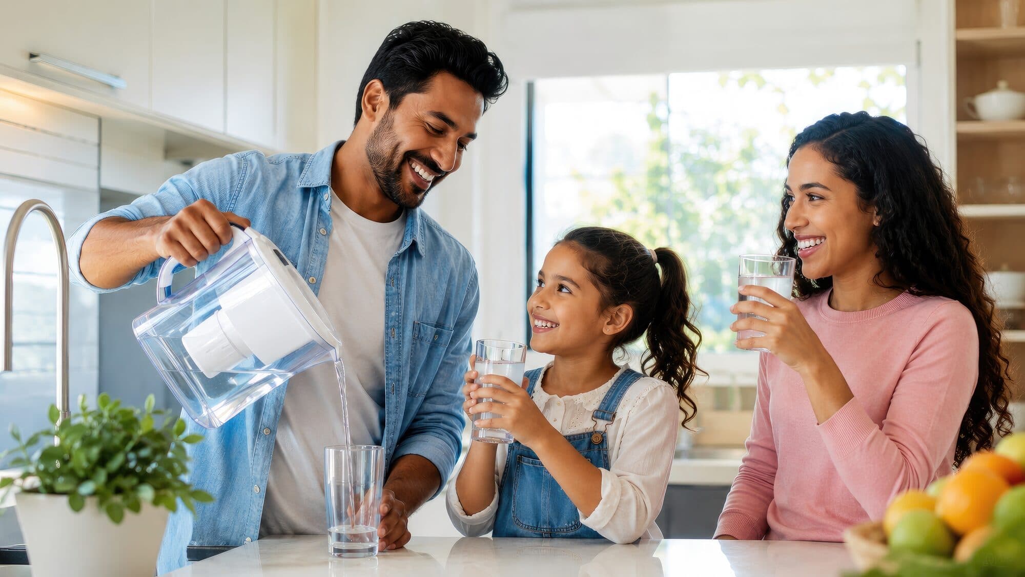 Father pouring filtered water for his daughter while his wife drinks a glass, in a bright Central Florida kitchen