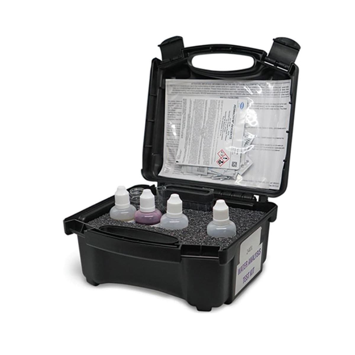 Professional water analysis test kit with reagent vials