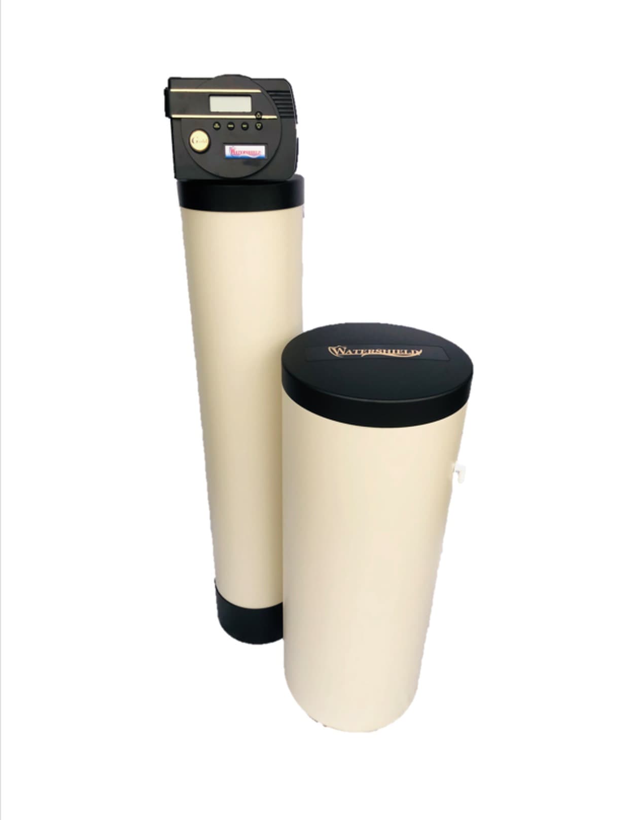 Watershield Gold water softener with cutaway view of the resin media bed